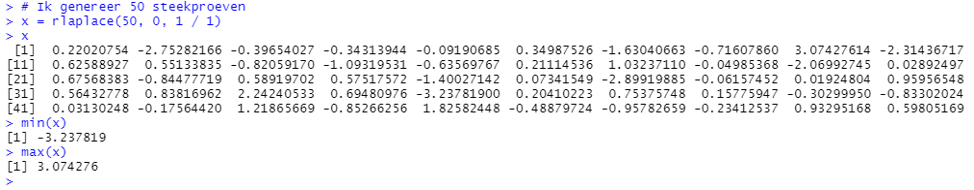 Genereren van 50 steekproeven met de Laplace kansverdeling